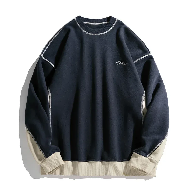 2025 Spring New Fashion Men's Color-coded Casual Trendy Long Sleeve O-neck Heavy Duty Pullover Male Vintage Hoodies Tops Clothes