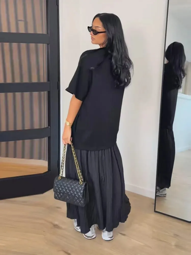Fashion Patchwork Women Short Sleeve Dresses Casual O Neck Loose Female Solid Midi Dress 2026 Spring New Lady Long Robe Street — image 7