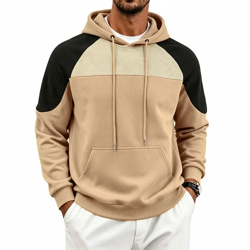 Autumn Winter Men Color Block Raglan Hoodie Textured Chest Panel Drawstring Kangaroo Pocket Loose Casual Streetwear Sweatshirt — image 8