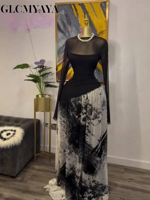 Women Mesh Print Full Sleeve O-neck Elegant Long Maxi Dress Fall Birthday Holiday Evening Sexy Party Dresses Vestidos — image 4