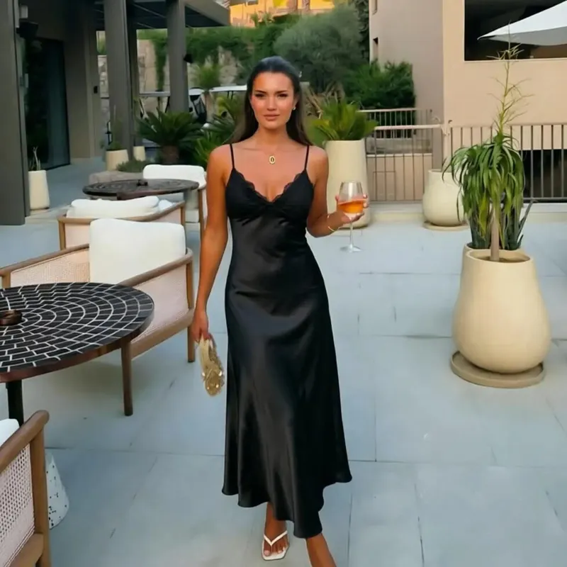Elegant Women's Backless Yellow Satin Dresses Cross-back Design Long Slim Fit A-line Summer Dress 2026 New Vacation Travel Gowns