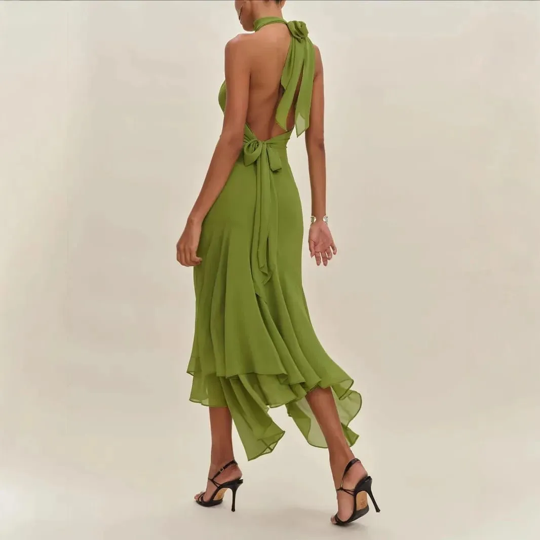 Temperament Halter Neck Long Dresses Women Green Backless Leace-up Irregular Package Hip Party Dress Elegant Banquet Vestidos — image 3