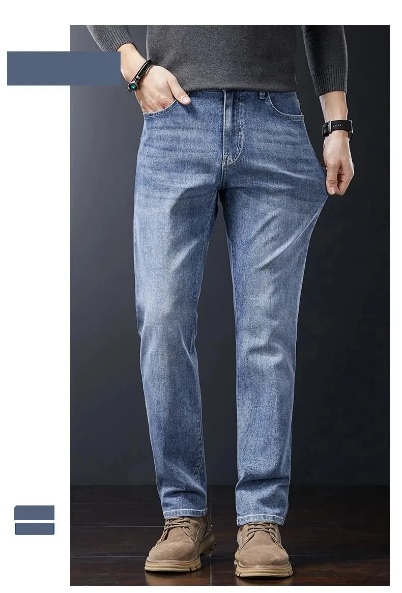 Men's Soft Stretch Straight Jeans Business Casual Slim Fit Wash Denim Pants Korean Fashion Blue Gray Male Brand Trousers — image 9