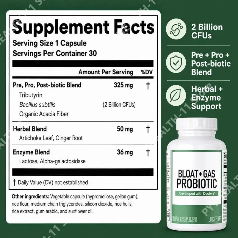 60 Billion Probiotic Capsules with Acacia Fiber Postbiotic Herbal and Enzyme Blend Gut Health Support Gas Relief for Adults 30ct — image 2