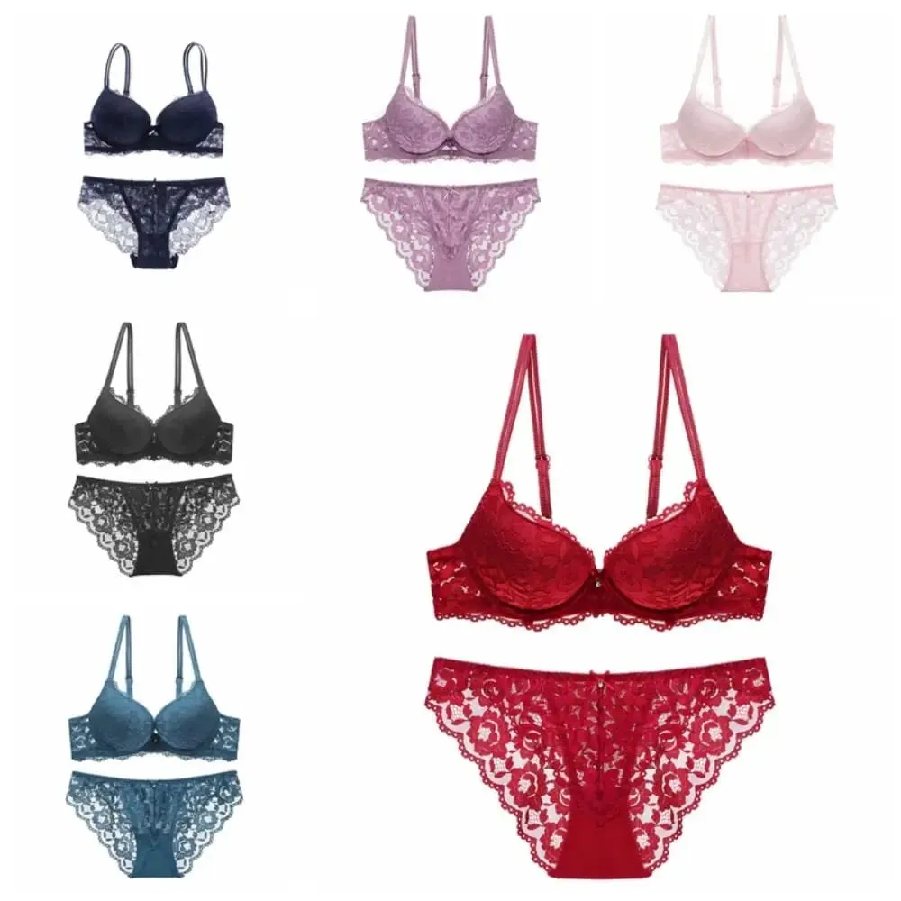 Comfortable Mesh Lace Flower Bra Low Waist Bowknot Bra Panties Set Non Slip Lingerie Push Up Bra Women Summer