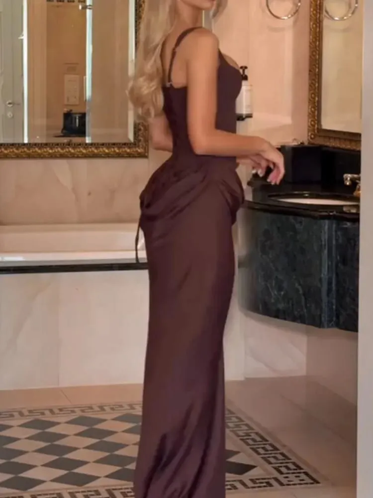 Women Pleated Sleeveless Maxi Dress Summer Solid Slim Fit Square Neck Corset Style Dresses Flady Fashion Evening Party Gowns — image 3