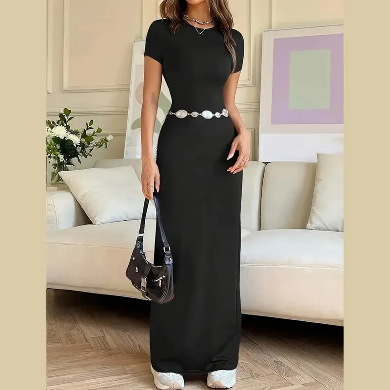 Women's Elastic Slim Fit Long T-shirt Dress Featuring Round Neck and Short Sleeves Suitable for Everyday and Special Occasions