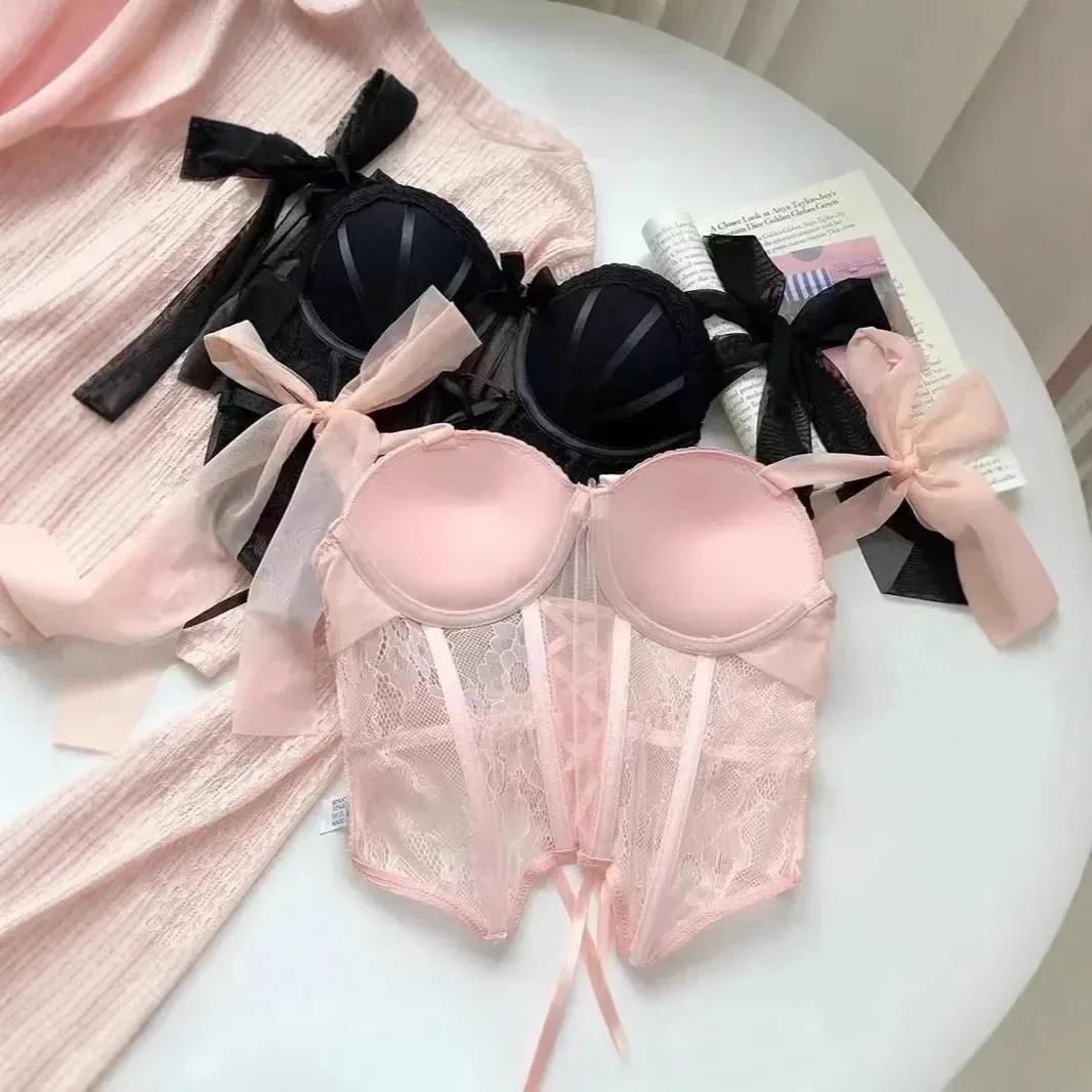 Lace Thin X Sexy Fishbone Bra Set with Small Chest Gathered and Anti Sagging Support Comfortable Soft Steel Ring Bra Set — image 2