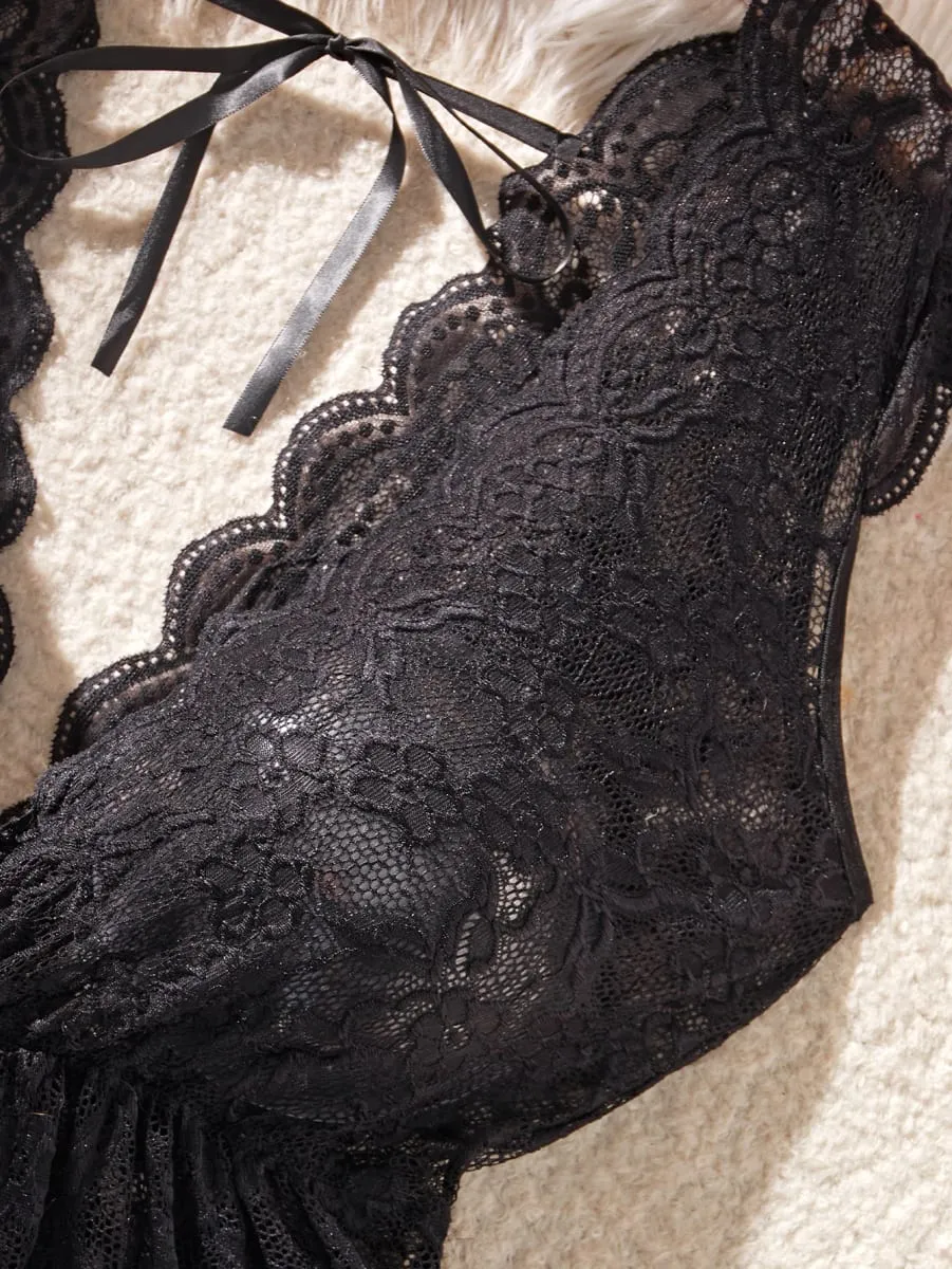 Temptation Deep V Neck Black Sheer Lace Matching Bra Set Curvy Women Lingerie For Confident Nights Special Full Figure — image 3