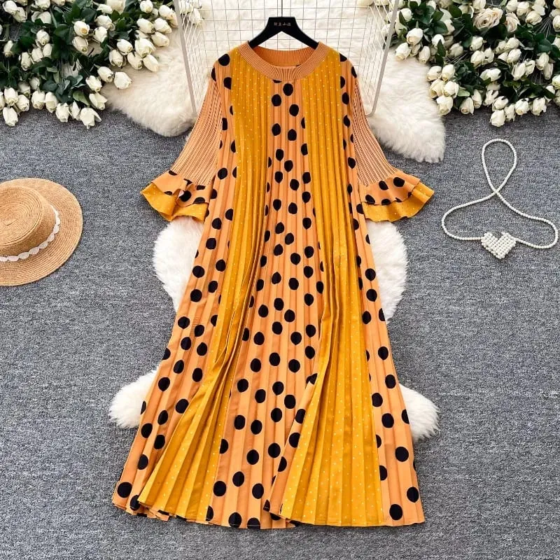 Miyake Pleated Polka Dot Dresses 2026 Summer Flared Sleeves Round Neck Fashion Pleated Long Dress Women Draped Elastic Clothing — image 2
