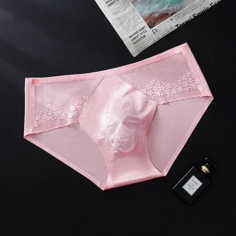 Men Briefs Summer Ultra-Thin Ice Silk Panties 3D Stamping Silk Splicing Lace See Through Underwear Seamless Sissy Underpants — image 7