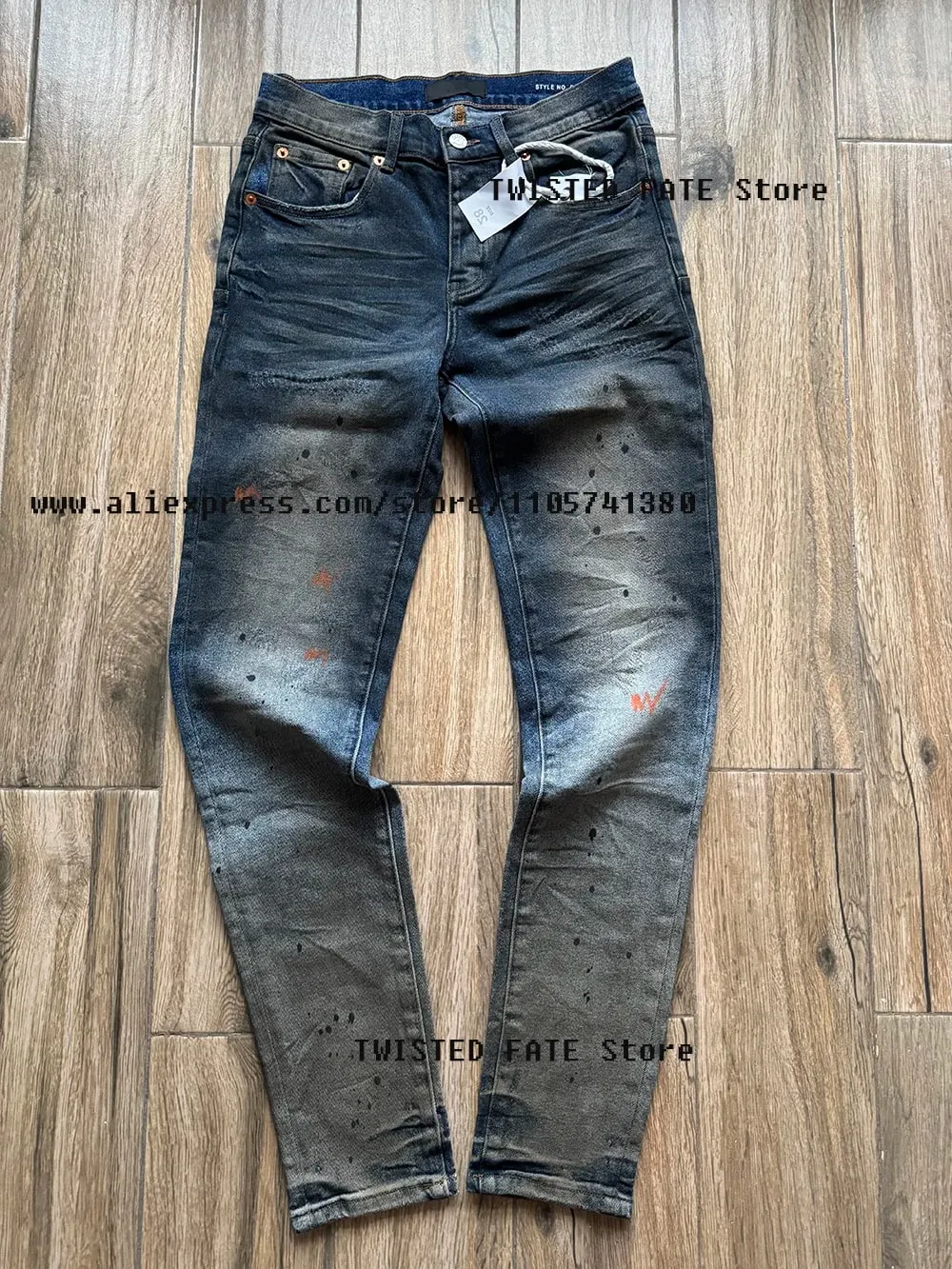 Men's American High Street Distressed Dirty Washed Indigo Spray Painted Stretch Skinny & Slim Fit Graffiti Streetwear Jeans — image 3
