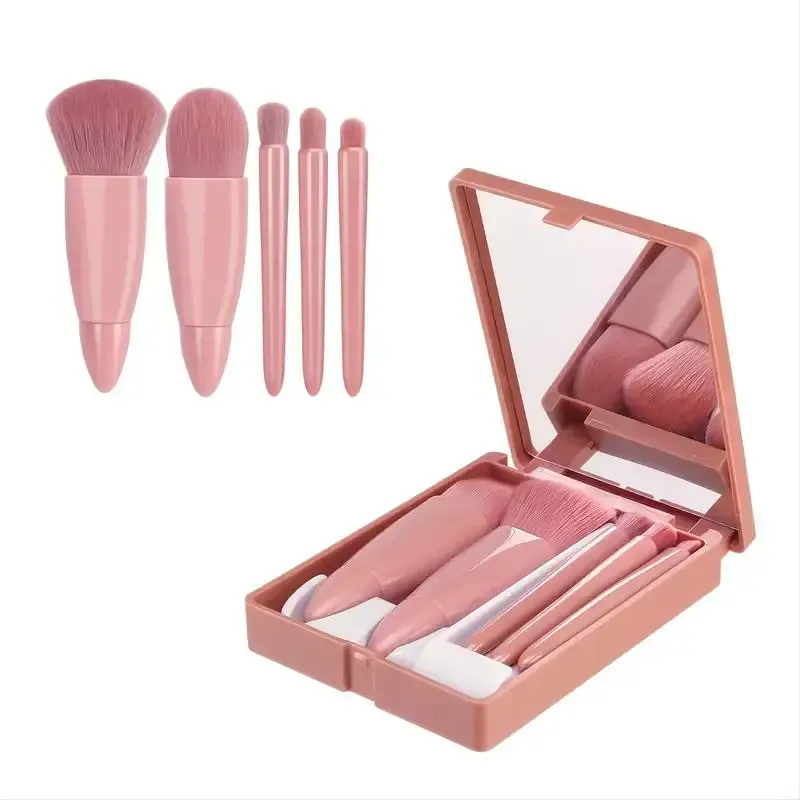 Kompletní sada malých funkčních kosmetických štětců 5ks s pouzdrem a zrcátkem Cestovní sada štětců na make-up Mini štětce na make-up — image 4