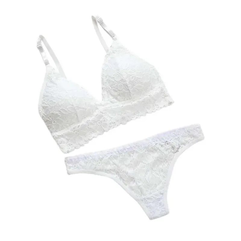 Fashion V Neck Lace Flower Bra Set Thong Solid Color Floral Panties Bra Kit Low Waist Lingerie Lace Underwear Girls — image 6