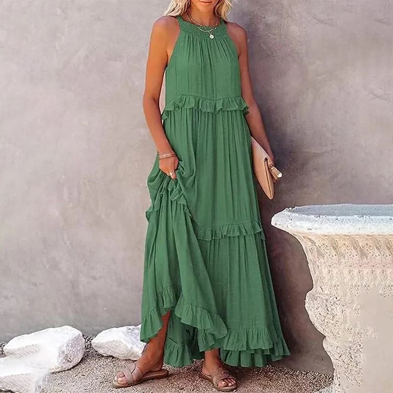 Women Casual Solid Ruffles Long Dress Summer Elegant Sleeveless Sundress Elegant Harajuku Maxi Dress Beach Party Evening Vestido — image 8