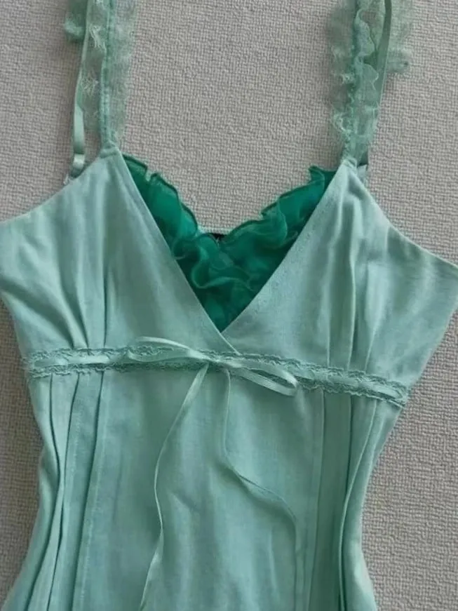 Women Retro Y2K Fairy Cami Tank Top Spaghetti Strap Mint Green Lace Bow Slim‑Fit Coquette Aesthetic Summer Casual Party Tops — image 2