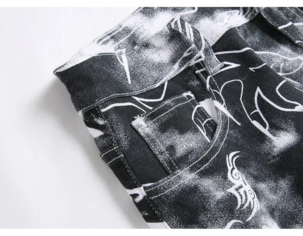 Men Skull Printed Jeans Fashion Devil Hand Pattern Denim Pants Black White Slim Straight Trousers — image 7