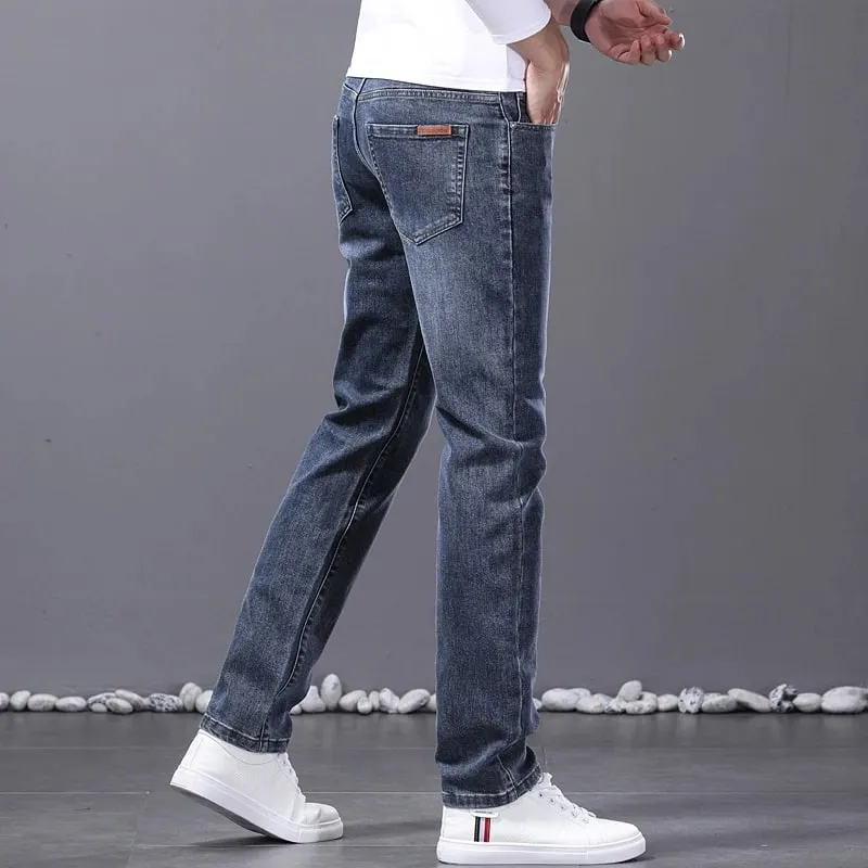 Printemps nouveaux hommes jean droit confortable élastique décontracté affaires travail pantalon rétro bleu mode coupe lavé Denim pantalon — image 7