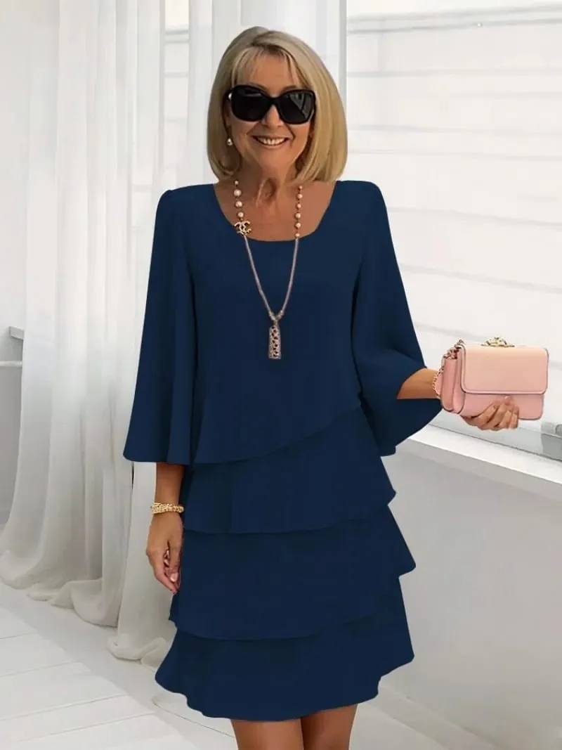 Women's Fashion Cake Skirt 3/4 Bell Sleeve Crewneck Tiered Layered Flowy Dress Party Wedding Outfits — image 5