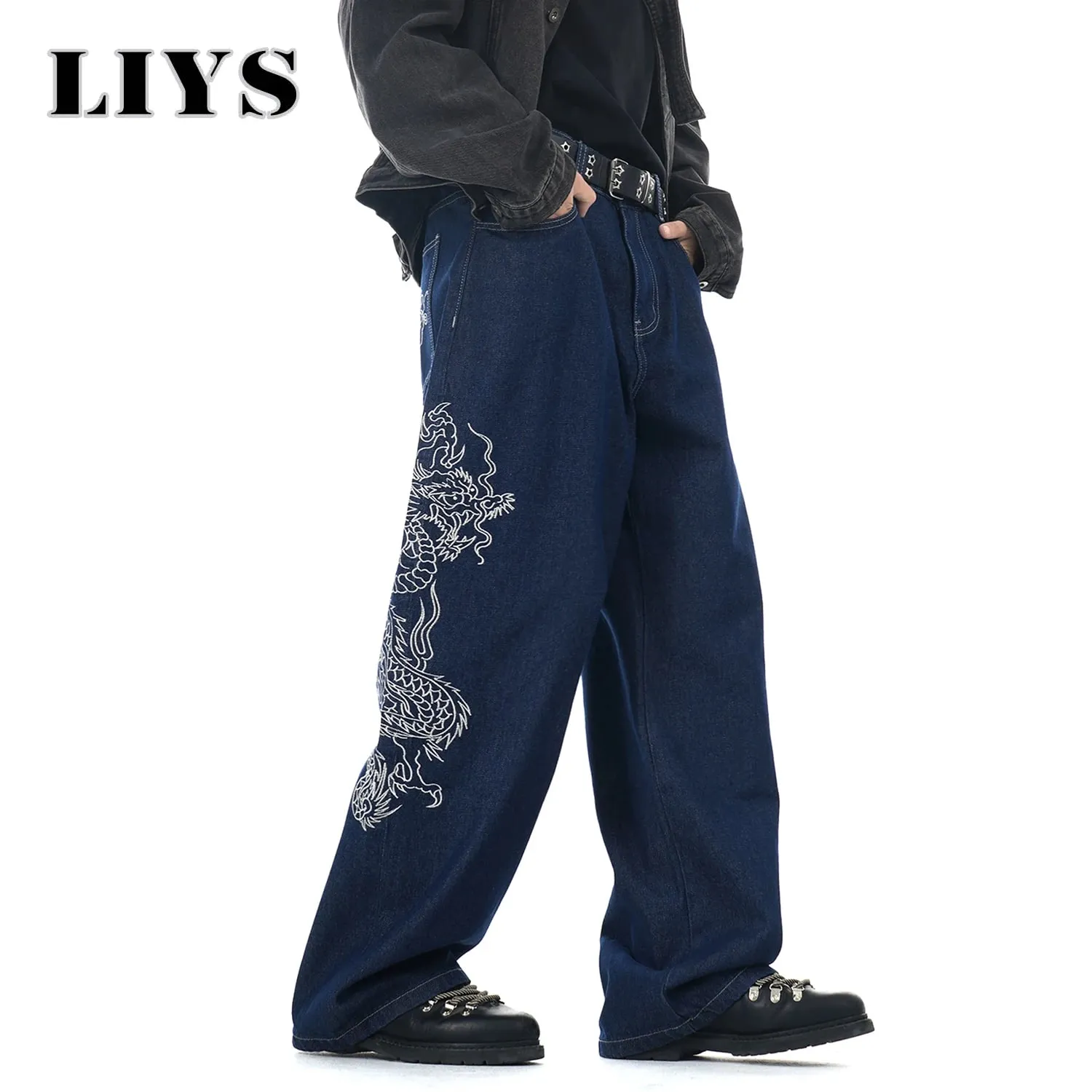 New Men's Blue Baggy Dragon Embroidered Wide Leg Jeans Spring Summer Classic Blue Baggy Washed Denim Pants Unisex Clothing — image 3