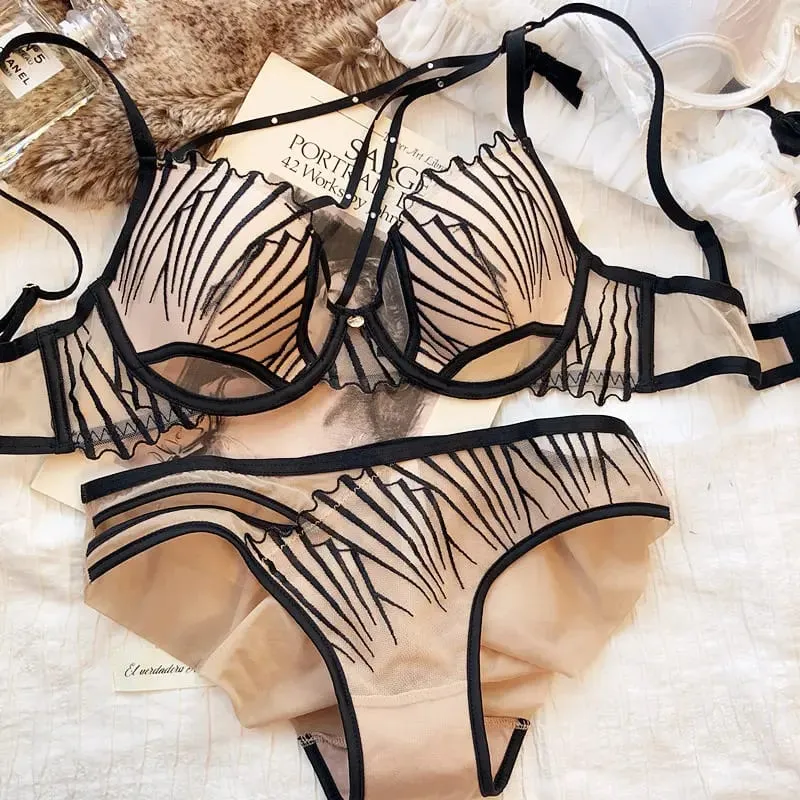 Sexy Hollow Push Up Bra Set French Thin Cup Underwear Women Classic Bandage Brassiere Black Temptation Lingerie Panties SetS — image 9