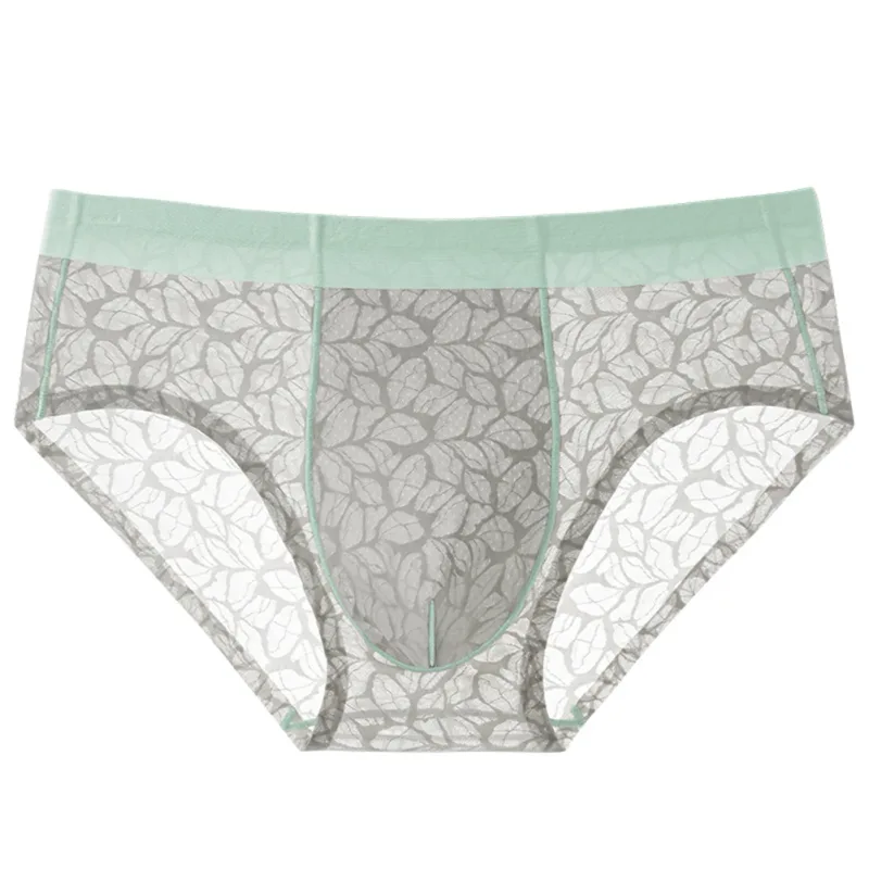 Biancheria intima da uomo ultrasottile in seta di ghiaccio da uomo, mutandine traspiranti in pizzo jacquard senza cuciture, custodia rigonfiante 3D, lingerie in rete trasparente