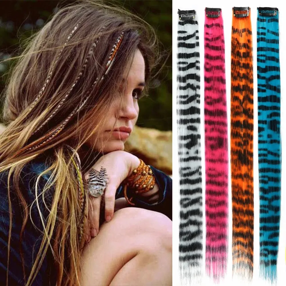 Synthetic Hair Extension18" Long Straight Women High Temperature Clip in Hair Extension Hairpiece Feather Wig Blue Rose Colorful — image 4