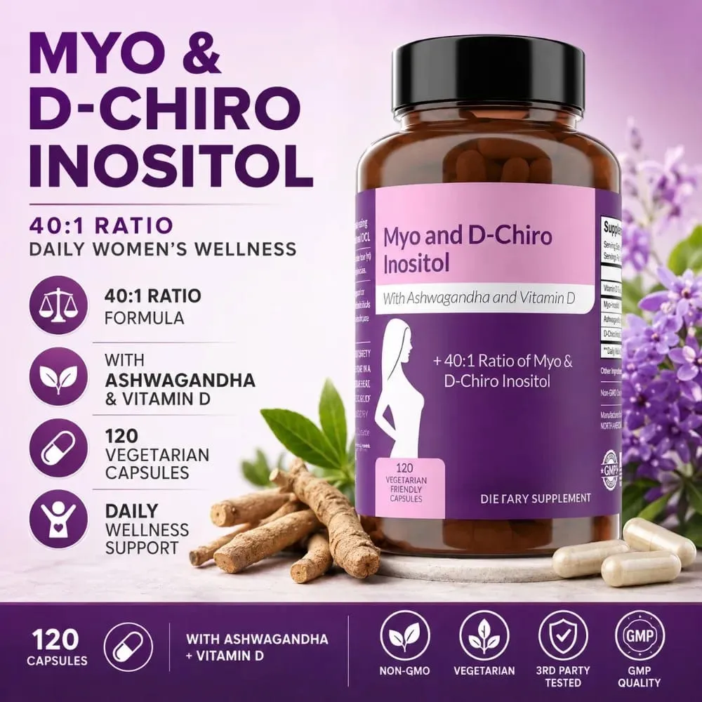 Cápsulas de Myo-Inositol e D-Chiro Inositol 40:1 Vitamina D3 Ashwagandha Suplemento diário de bem-estar com 120 contagens — image 2