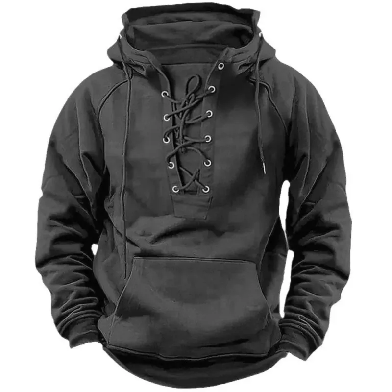 Men's Retro-Style Lace-Up Hooded Sweatshirt Loose-Fitting Long-Sleeved Pullover Pure Color Design for Autumn Winter Hoodie — image 2