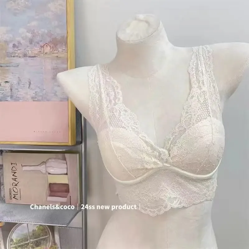 French Lace Lingerie Gathered Without Steel Rims White Inner Layer Layered Camisole Vest Bra Set Without Buttons Gather Toge
