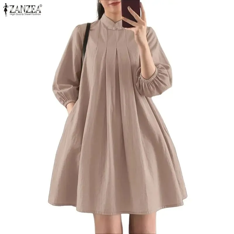 Summer Women's Elegant Pleated Dresses Stand Collar 3/4 Puff Sleeve Crinkled A-Line Knee-Length Dress Casual Robes Femme — image 8