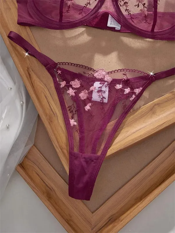 Romantic Women's Underwear Ultra Thin Floral Embroidery Sexy Lingerie See Through Pure Desire Lingerie Set Push Up Sexy Bras — image 6