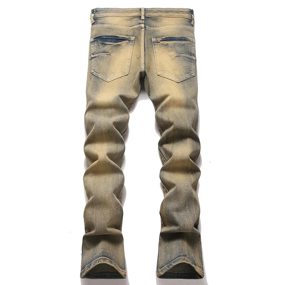 Men's Crystal Patch Denim Jeans Streetwear Rhinestone Boot Cut Pants Vintage Retro Blue Slim Flared Trousers — image 2