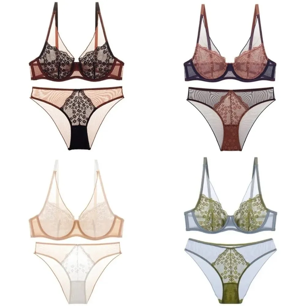 French Vintage Mesh Lace Flower Bra Set Brassiere Lingerie Mesh Bra Panties Kit Thin Seamless Push Up Bra Women Home — image 5