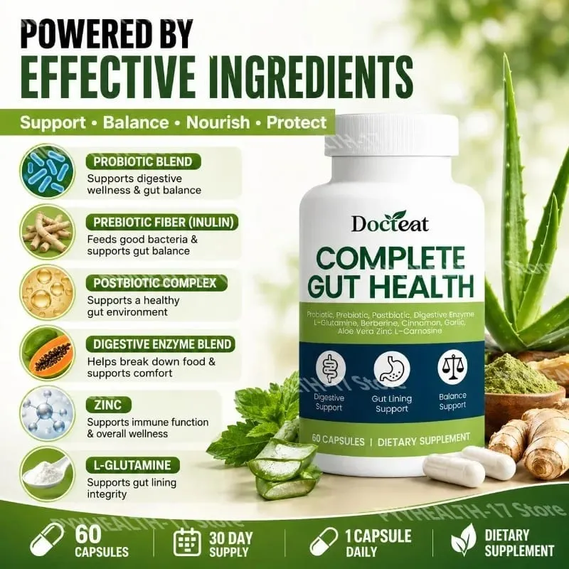 Docteat Complete Gut Health Capsules with Probiotic Prebiotic Postbiotic Digestive Enzymes for Gut Balance & Digestion 60 Count — image 3