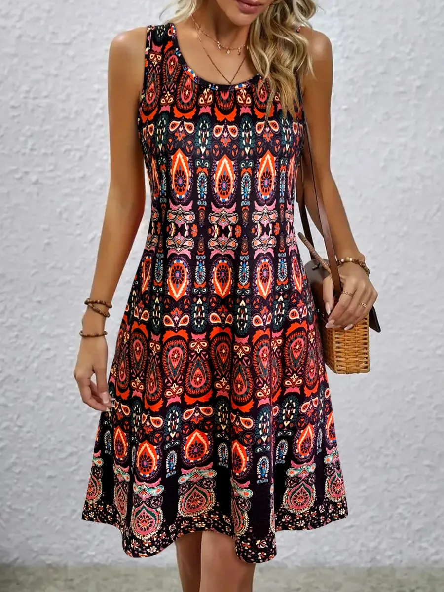 Women's Vintage All-Over Print Sleeveless Dress - Off-Shoulder Summer Sundress Casual Boho Beach Dress — image 4