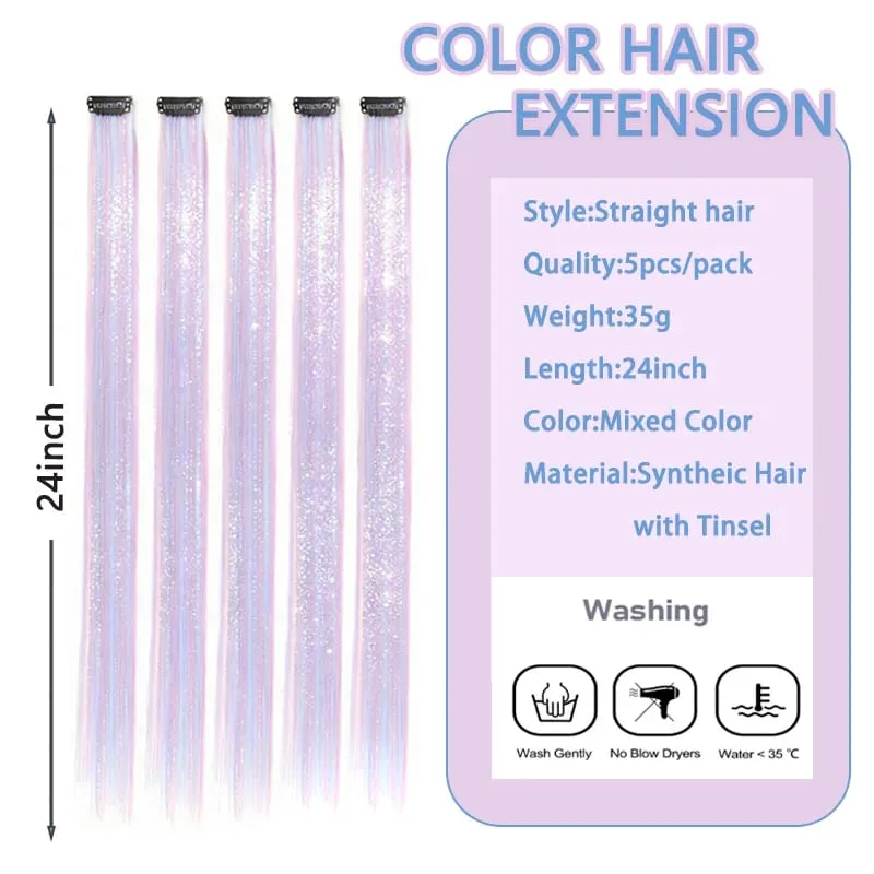 5pcs 24inch Colored Clip in Hair Extensions Long Straight Colorful Highlights Hair Pieces Synthetic Rainbow Hairpieces for women — image 2