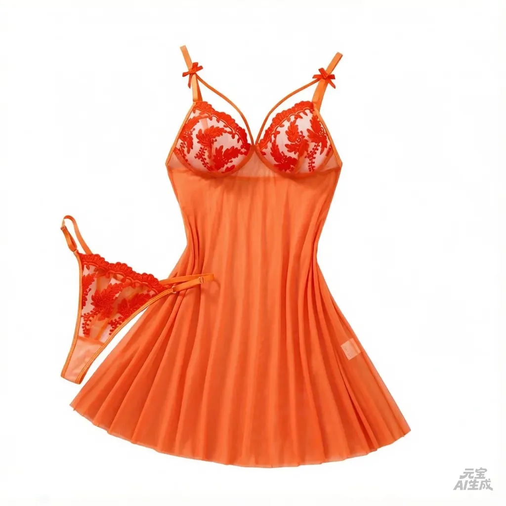 Women Orange Floral Embroidery Babydoll Nightgown Bow Strap Sheer Mesh Sleep Dress With Matching Thong Lingerie Set ZA825066 — image 1