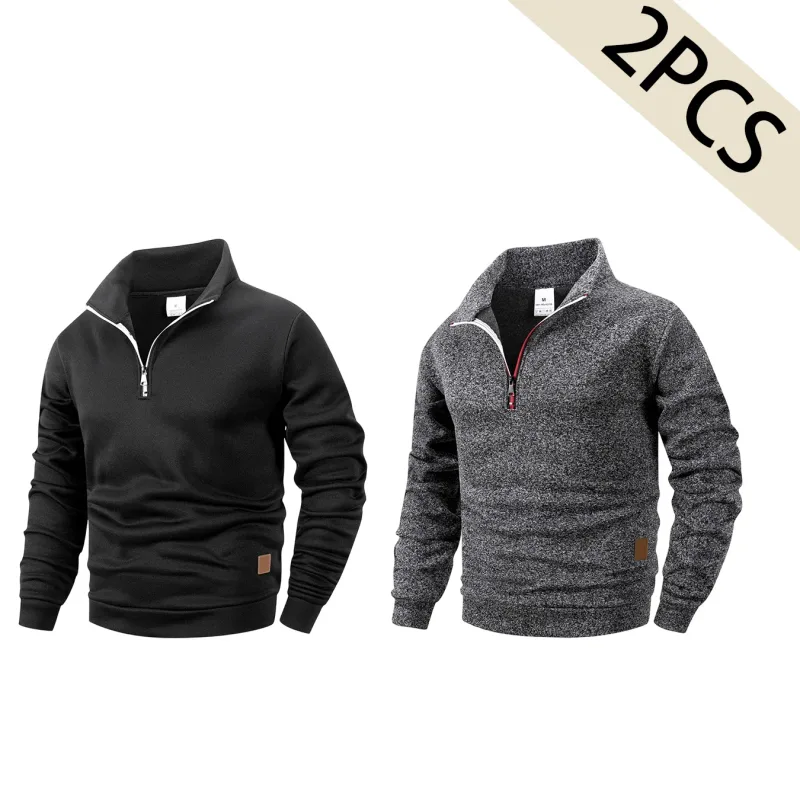 2Pcs Set Men 1/4 Zip Mock Neck Sweatshirt, Fleece Lined Pullover with Ribbed Cuffs Warm Casual Top for Fall Winter Daily Wear — image 22