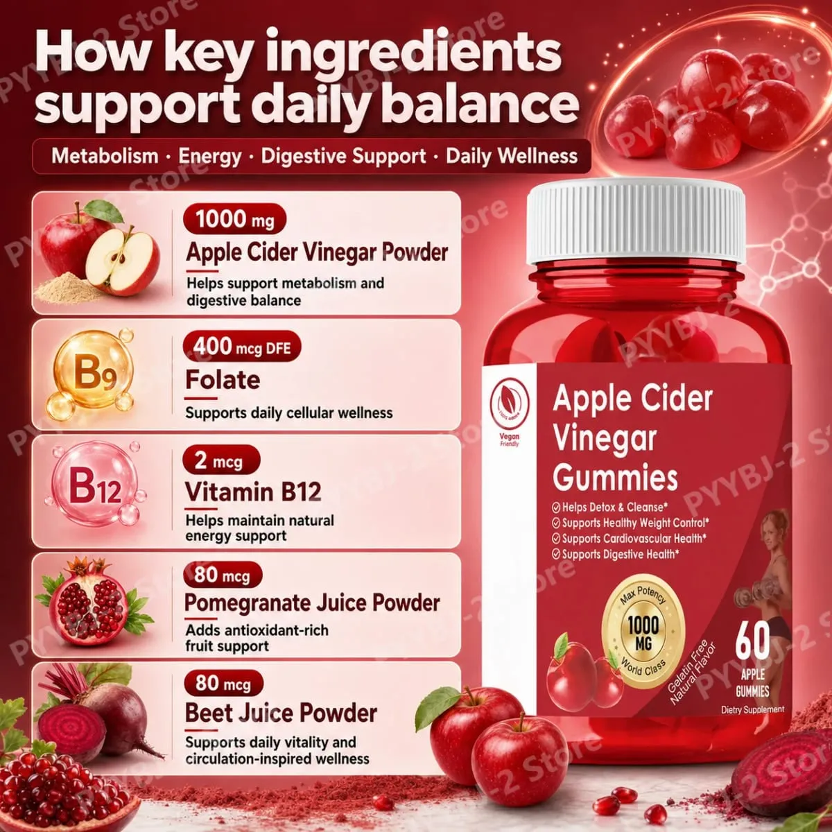 Apple Cider Vinegar Gummies Support Metabolism Digestive Health with Vitamin B12 & Folate – 60 Gummies — image 4