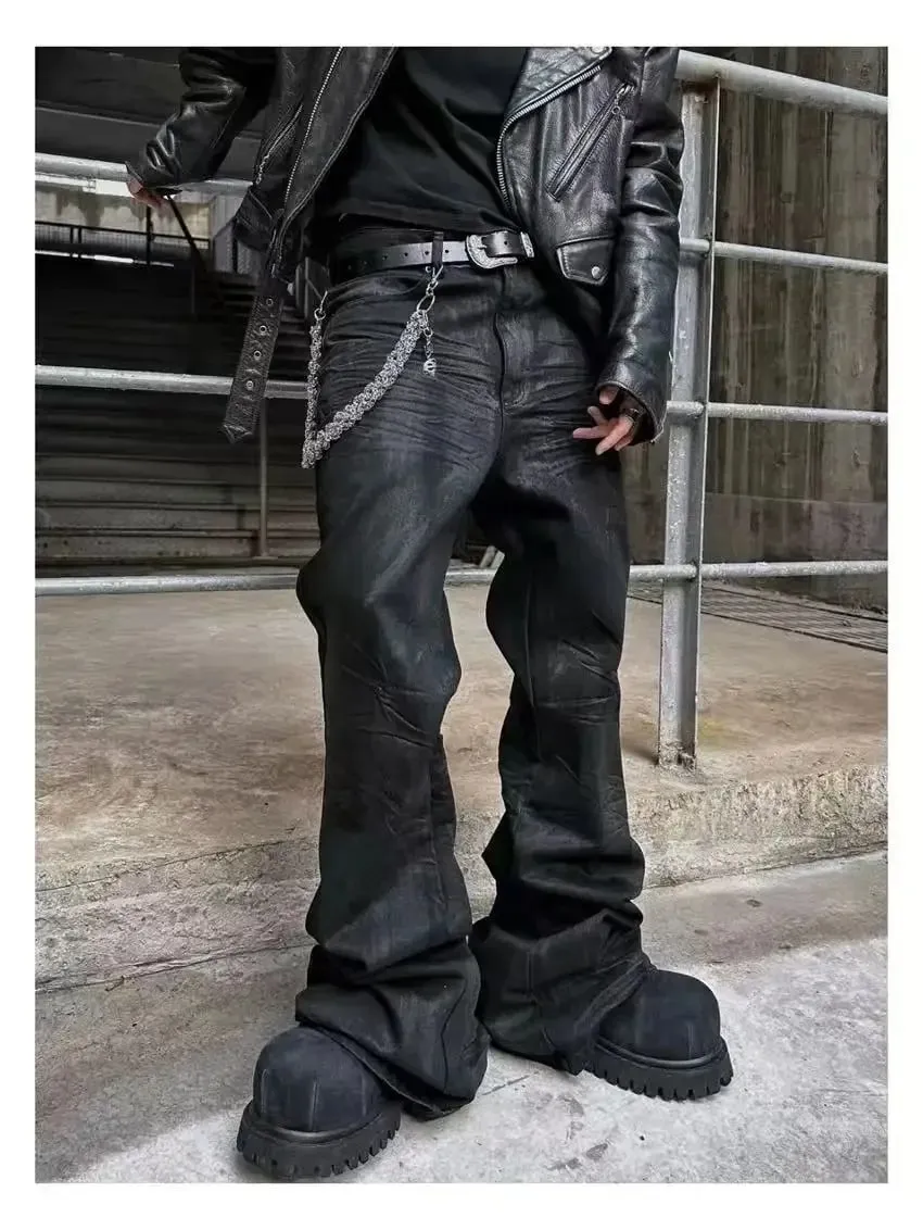 2026 High street coated micro-flare jeans American retro heavy industry men and women black gothic retro casual loose jeans — image 8
