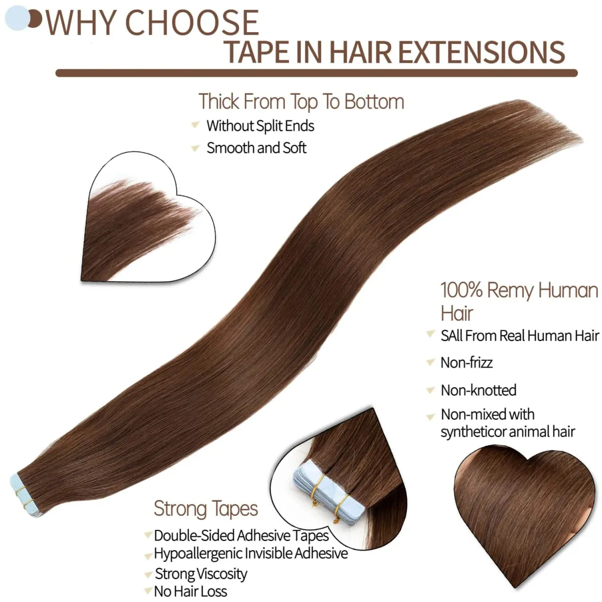#4 Tape in Hair Extensions Human Hair Straight Hair extensions Real 100% Human Hair Tape in Extensions Brown 20Inch 20Pieces 50g — image 2