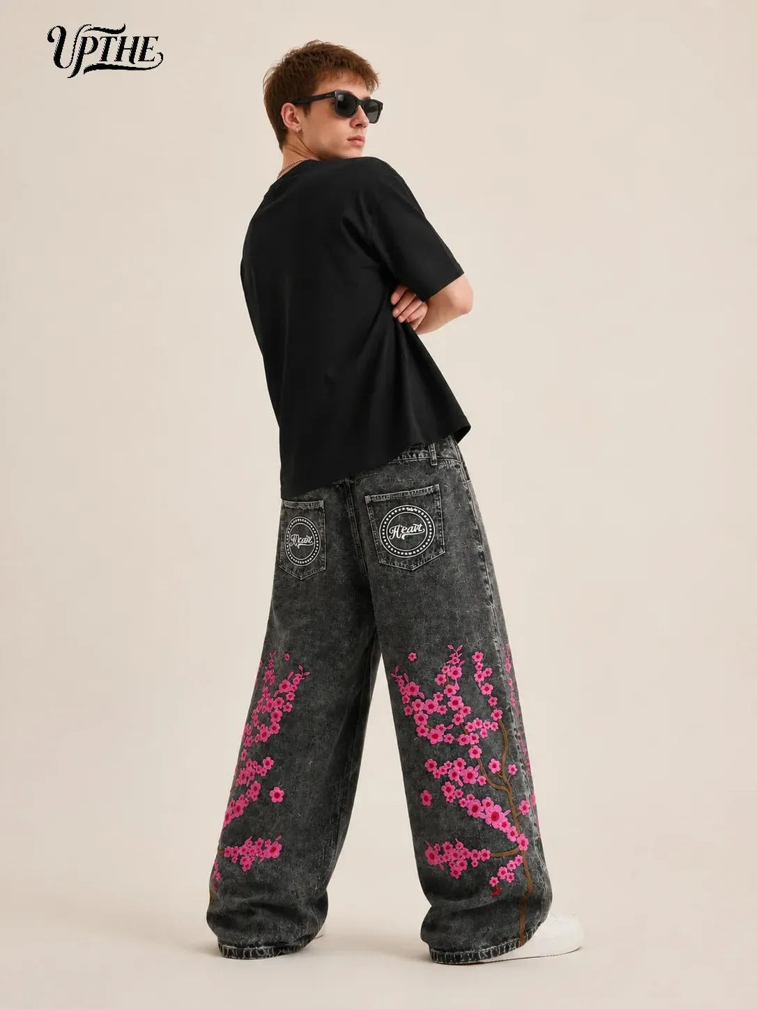 UP.THE Men Baggy Wide Leg Jeans Vintage Washed Black Gray Denim Pants Y2K Loose Cherry Blossom Embroidery Heart Letter Print Streetwear Jeans for Daily Hip Hop Casual Outfits — image 7