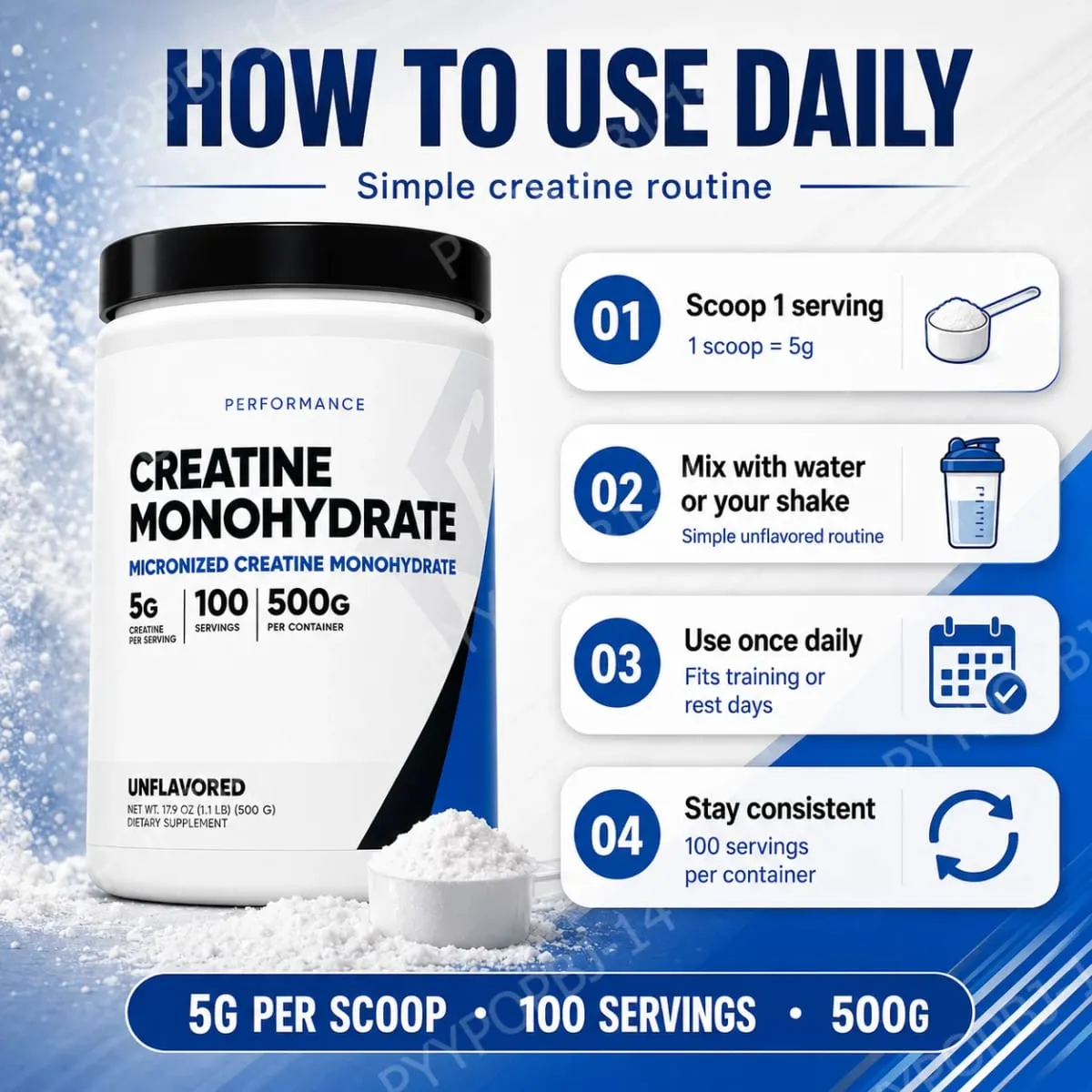 Creatine Monohydrate Micronized Powder Unflavored 5g Per Serving 100 Servings Muscle Energy Strength Power Support 500g — image 7