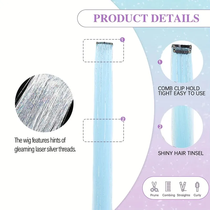 BB Clip in Synthetic Hair Extensions with Laser Silver Threads Colorful Shiny Hair Pieces for Party Daily Use No Damage — image 5