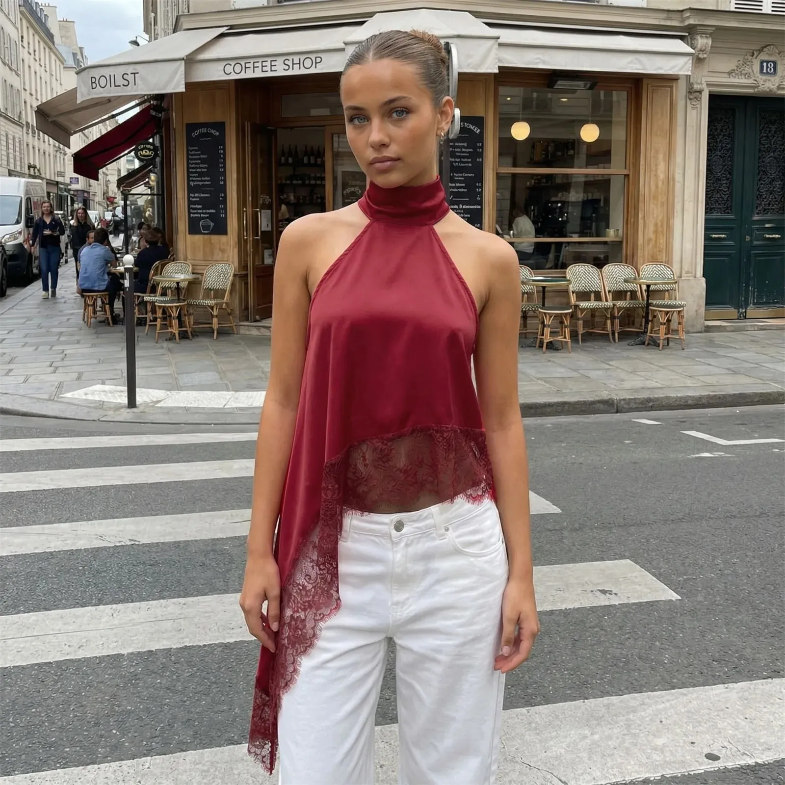 Women Boho y2k Coquette Lace Trim Halter Crop Tops Retro Sleeveless Backless Loose Irregular Hem Tanks Cropped Camis Vests — image 6