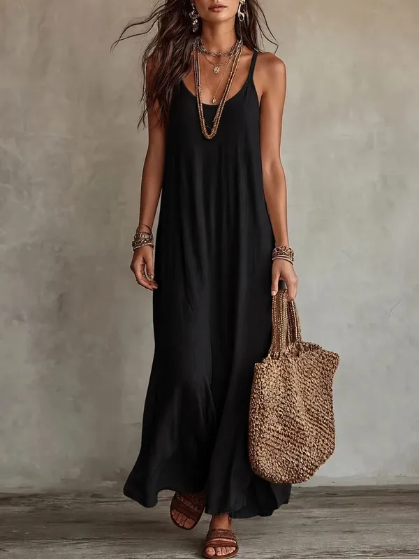 Women's Loose A-Line Long Dress with Thin Straps