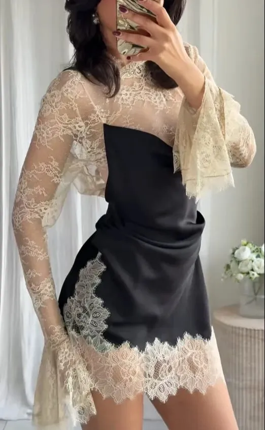 Contrast Lace Patchwork Mini Dress Women Elegant Full Flared Sleeve Waist Cinching Slim Mini Dresses 2025 Lady Street Chic Gown — image 2