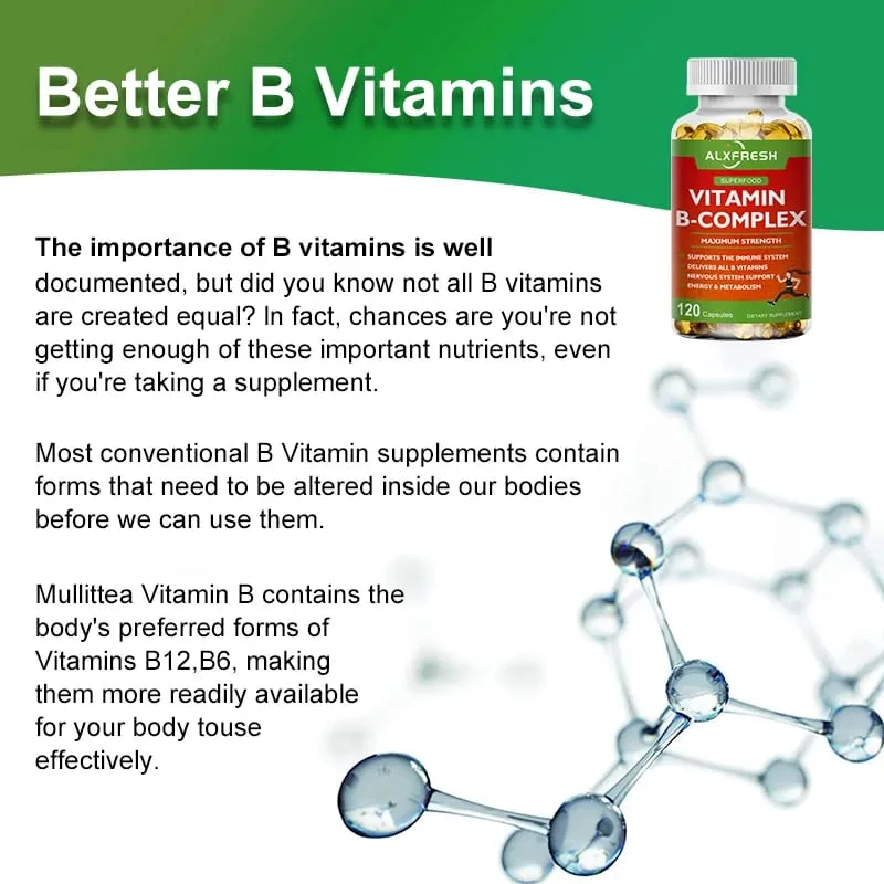 Alxfresh Vitamine B-complex met vitamine C - Immuungezondheid Energieondersteuning en ondersteuning van het zenuwstelsel - Vegetarische capsule zonder GMO — image 5