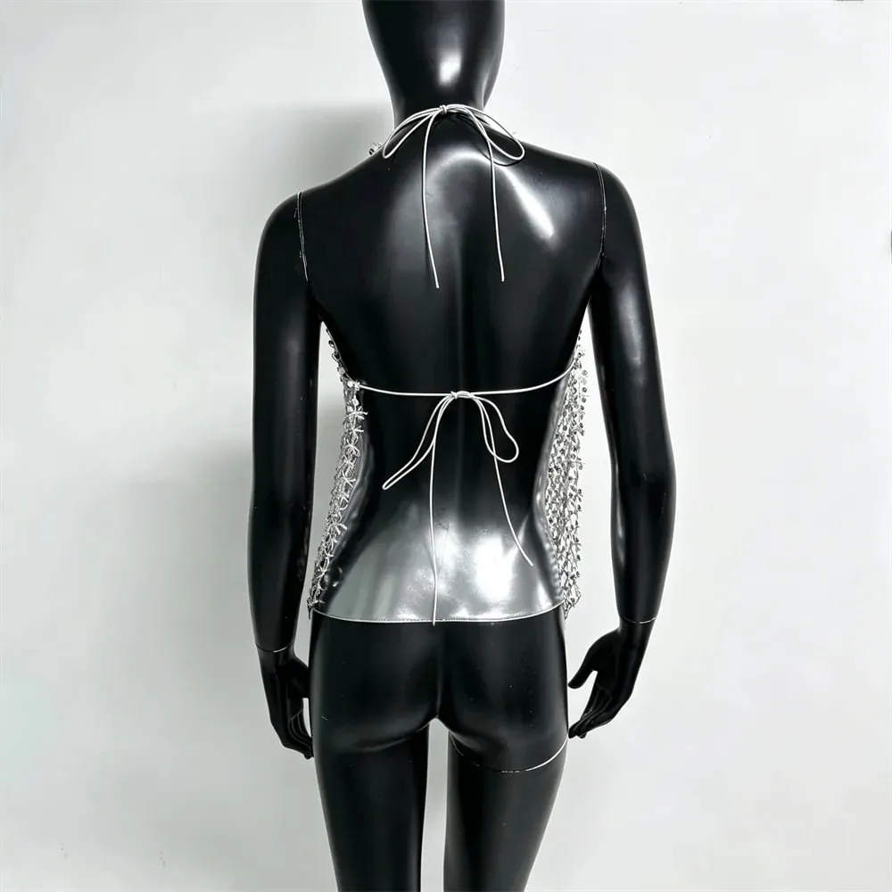 Women Shiny Acrylic Sequins Hollow Tank Top Sexy Deep V Neck Backless Halter Neck See Through Cover Up Camisole Beach Party Tops — image 7